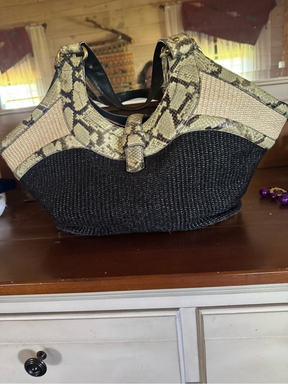 Vintage Brahmin Woven Straw and Faux-Snake Accent Tote - Black & Beige EUC